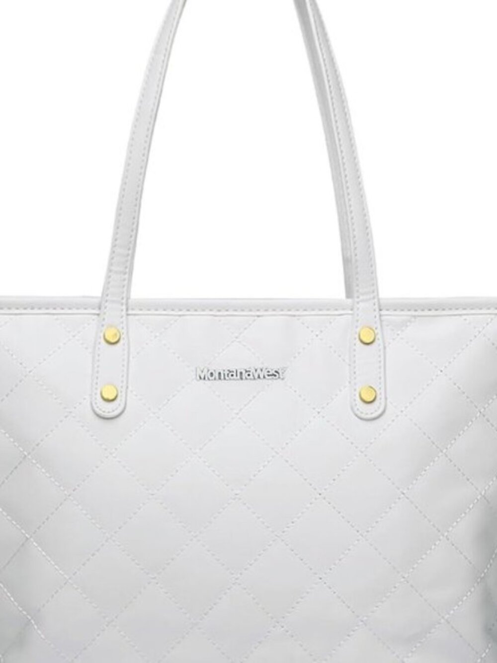 White Quilted Vegan Leather Tote Bag Gold Rivet Shoulder Bag Fits 13" Laptop